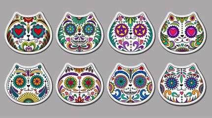 Day of the Dead  skulls stickers set. Mexican dead Cat  skull icons. Dia de los muertos icon. Day of the dead and  Mexican tradition festival. Day of the dead sugar skull isolated. Dia de los Muertos 