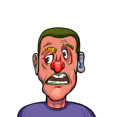 Caricature humor illustration of imaginary cartoon person with funny facial expression isolated on white background