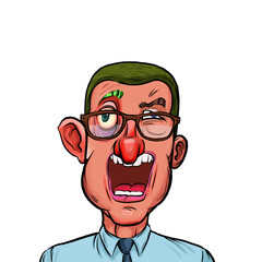 Caricature humor illustration of imaginary cartoon person with funny facial expression isolated on white background