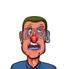 Caricature humor illustration of imaginary cartoon person with funny facial expression isolated on white background