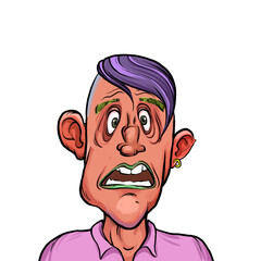 Caricature humor illustration of imaginary cartoon person with funny facial expression isolated on white background