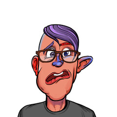 Caricature humor illustration of imaginary cartoon person with funny facial expression isolated on white background