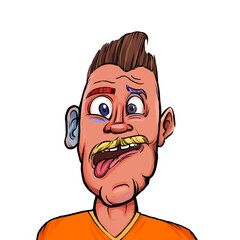 Caricature humor illustration of imaginary cartoon person with funny facial expression isolated on white background