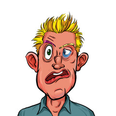 Caricature humor illustration of imaginary cartoon person with funny facial expression isolated on white background