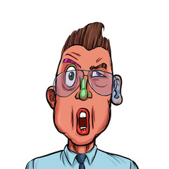 Caricature humor illustration of imaginary cartoon person with funny facial expression isolated on white background