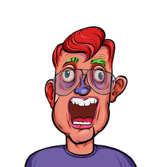 Caricature humor illustration of imaginary cartoon person with funny facial expression isolated on white background