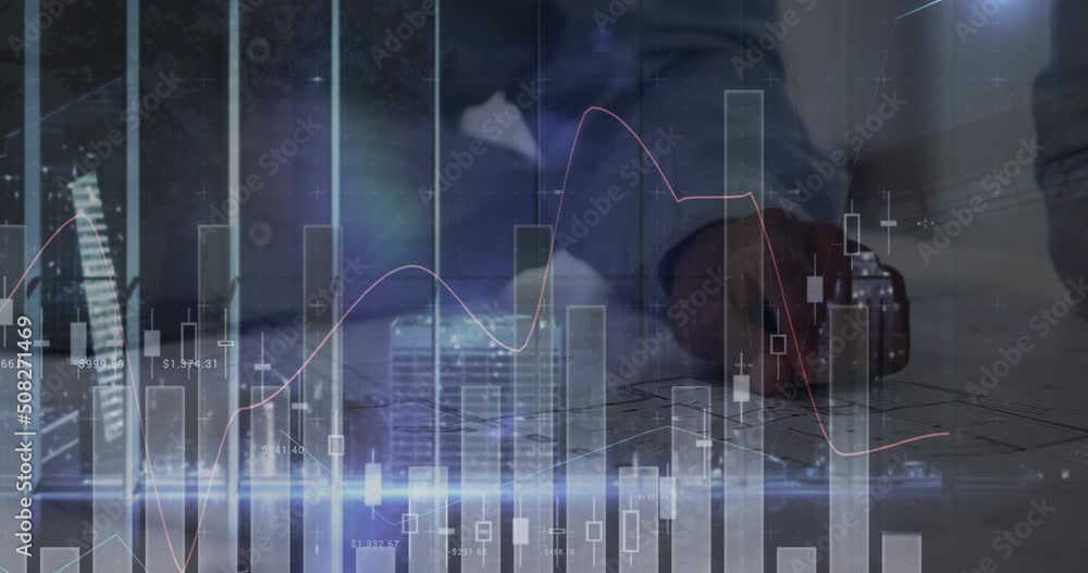 Aufkleber animation of graphs over hands of biracial man using touchscreen