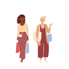 Two young women with shopping bags walking. Smiling girlfriends talking. Flat cartoon vector illustration of female friends isolated on white background