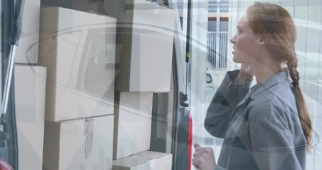 Animation of financial graphs over caucasian female courier with packages using smartphone - Powered by Adobe