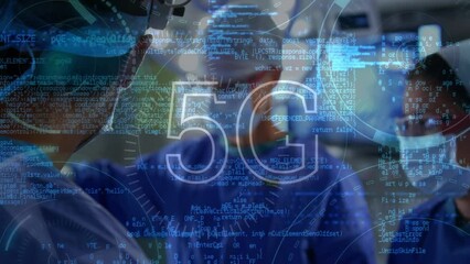 Animation of data processing and 5g over caucasian female and male surgeons during operation - Powered by Adobe