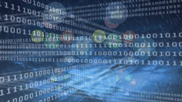 Animation of binary code and icons on navy background