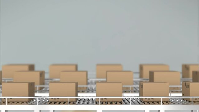 Animation of packages moving on conveyor belt in warehouse
