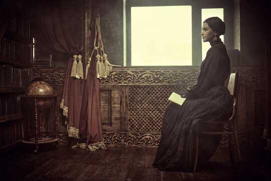 calm lady in vintage room