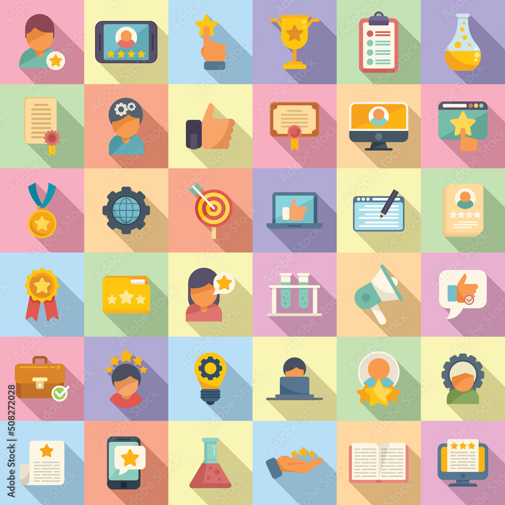Poster experience icons set flat vector. client satisfaction