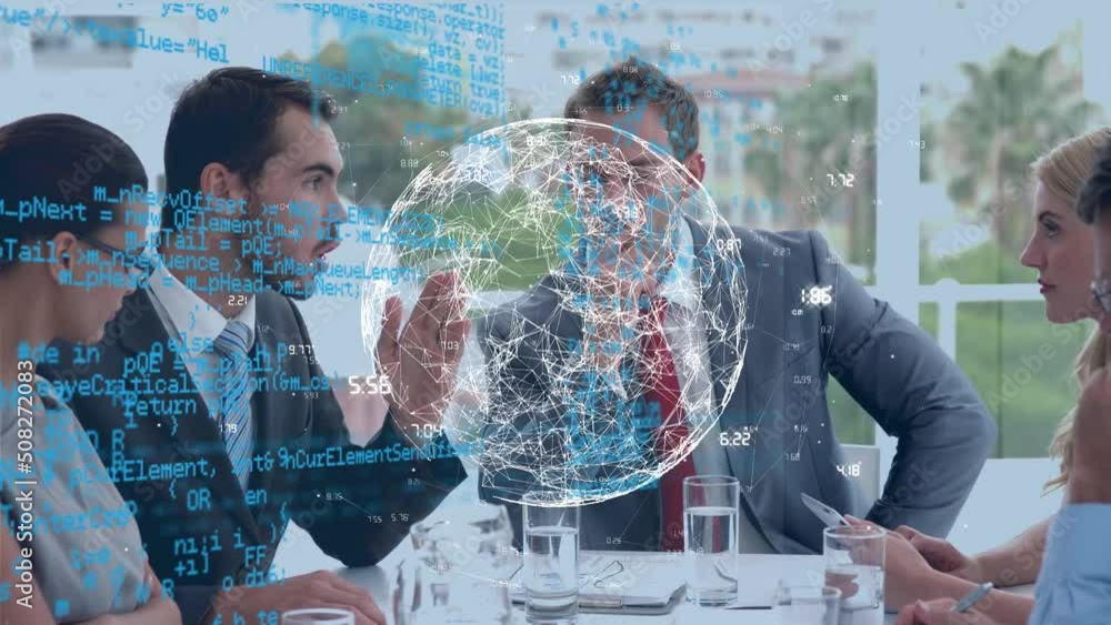 Poster animation of data processing and globe over diverse business people
