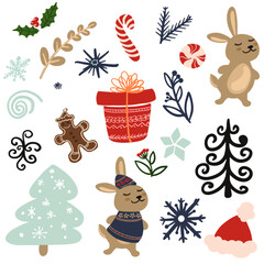 Fototapeta premium Cute vector Christmas set 2023. Hand drawn vector Christmas set, isolated on a white background. Cute rabbit, Christmas tree, herbs, present boxes, sweets, santa hat. Design for winter holidays.