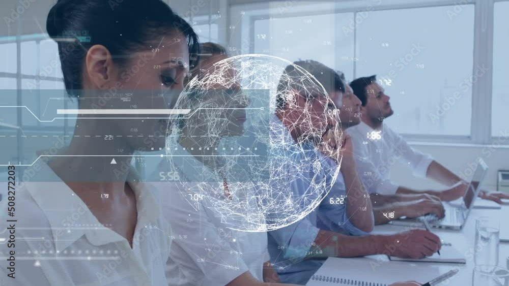 Poster animation of data processing and globe over diverse business people