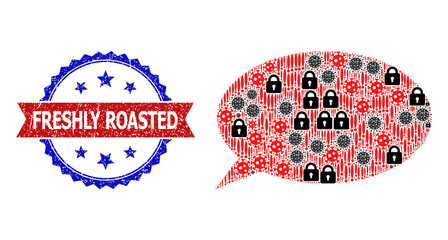 Vector flu virus mosaic talk message icon, and bicolor textured Freshly Roasted seal. Mosaic talk message icon is created with SARS virus, lock, danger elements.