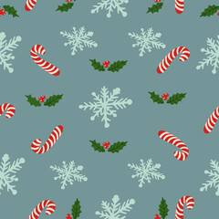 Flat vector Christmas and New Year seamless pattern with candy cane, decorative snowflake, holly plant. Design  for Christmas  and New Year winer holidays, gift paper, digital paper, wallpaper.