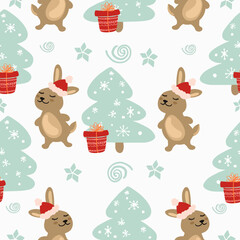 Baby Christmas cute seamless pattern. Hand drawn vector winter pattern with bunny in santa hat, fir tree, snowflakes. Design for gift paper, digital paper, backsgrounds, wallpapers.
