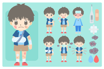 Sick boy in various kinds of illness and injuries flat cartoon vector characters.