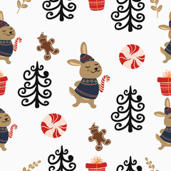 Baby Christmas hare seamless pattern. Hand drawn winter cute vector pattern with cute rabbit, decorative herbs, sweets and presents. Design for gift paper, digital paper, backsgrounds, wallpapers.