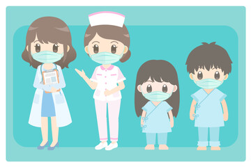 Female doctor, nurse and children patients wearing medical masks to prevent themself from covid-19 and other diseases flat cartoon vector characters.