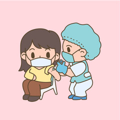 A black hair woman get covid-19 vaccine vaccinated by medical staff cute pastel cartoon vector characters.
