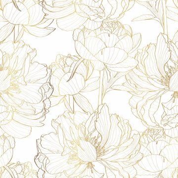 Peony flower seamless pattern. Hand drawn engraved floral background with botanical rose, peony. Golden line sketch. Great for invitations, fabric, print, greeting cards decor.