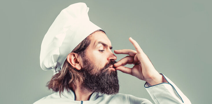 Bearded chef, cooks or baker. Bearded male chefs isolated on white, perfect. Professional chef man showing sign for delicious. Chef, cook making tasty delicious gesture by kissing fingers. Cook hat