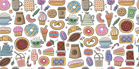 Coffee shop menu elements. Desserts and sweets. Hand drawn sketch. Seamless pattern background for your design