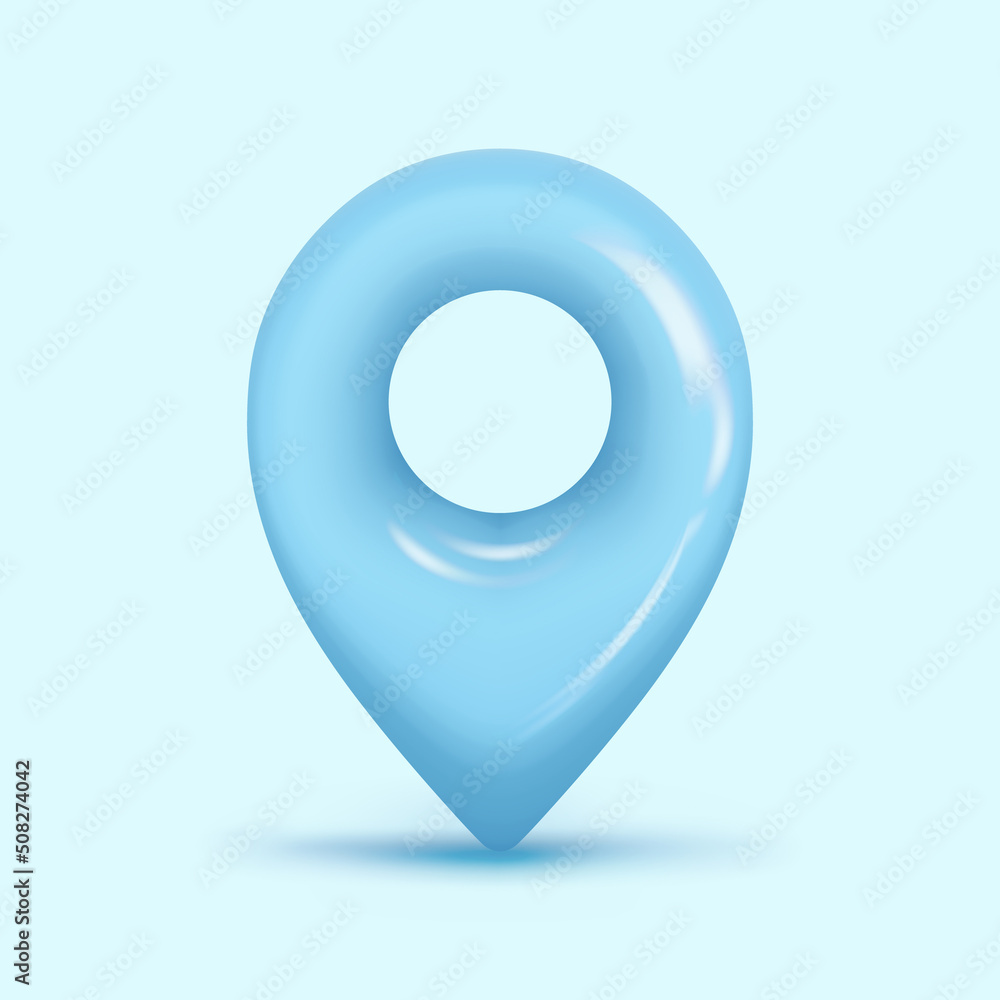 Poster 3d map location point marker of map or navigation pin icon sign on isolated blue background. 3d pin 