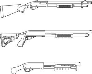 Shotguns - set of different pump action guns. Tactical combat weapon, hunting. - obrazy, fototapety, plakaty