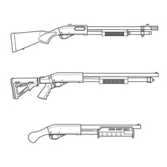 Shotguns - set of different pump action guns. Tactical combat weapon, hunting.
