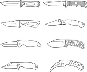 Tactical knives - set of different knifes, blades. Tactical combat weapon, hunting. - obrazy, fototapety, plakaty