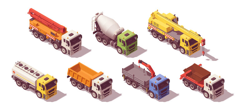 Isometric construction trucks set. Vector illustration