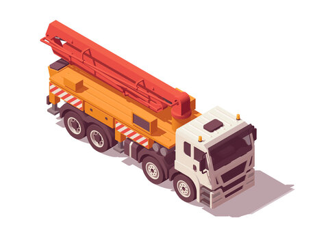 Isometric concrete pump truck. Isolated low poly pump truck on white backgroung. Vector illustrator. Collection