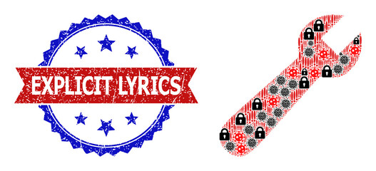 Vector flu virus mosaic wrench icon, and bicolor scratched Explicit Lyrics seal. Mosaic wrench icon constructed with flu virus, security, danger icons.