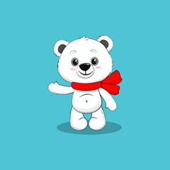 cute cartoon polar bear cub in a red scarf on blue background. Vector illustration