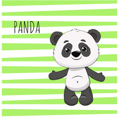 Cute cartoon panda on green striped background. Vector illustration 