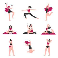 Body positive. Happy girls.  Love your body.  Variety of poses and gestures. Dynamic life. Sport, dance and yoga. Vector illustration concept