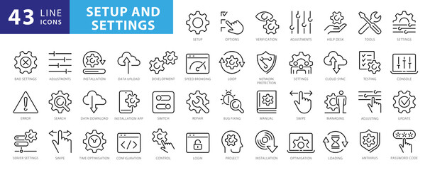Setup and Settings Icons Set. Collection of simple linear web icons such Installation, Settings, Options, Download, Update, Gears and others and others. Editable vector stroke - 508274852