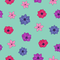 Seamless vector pattern of flowers. Background for greeting card, website, printing on fabric, gift wrap, postcard and wallpapers. Anemone, phlox flowers. 