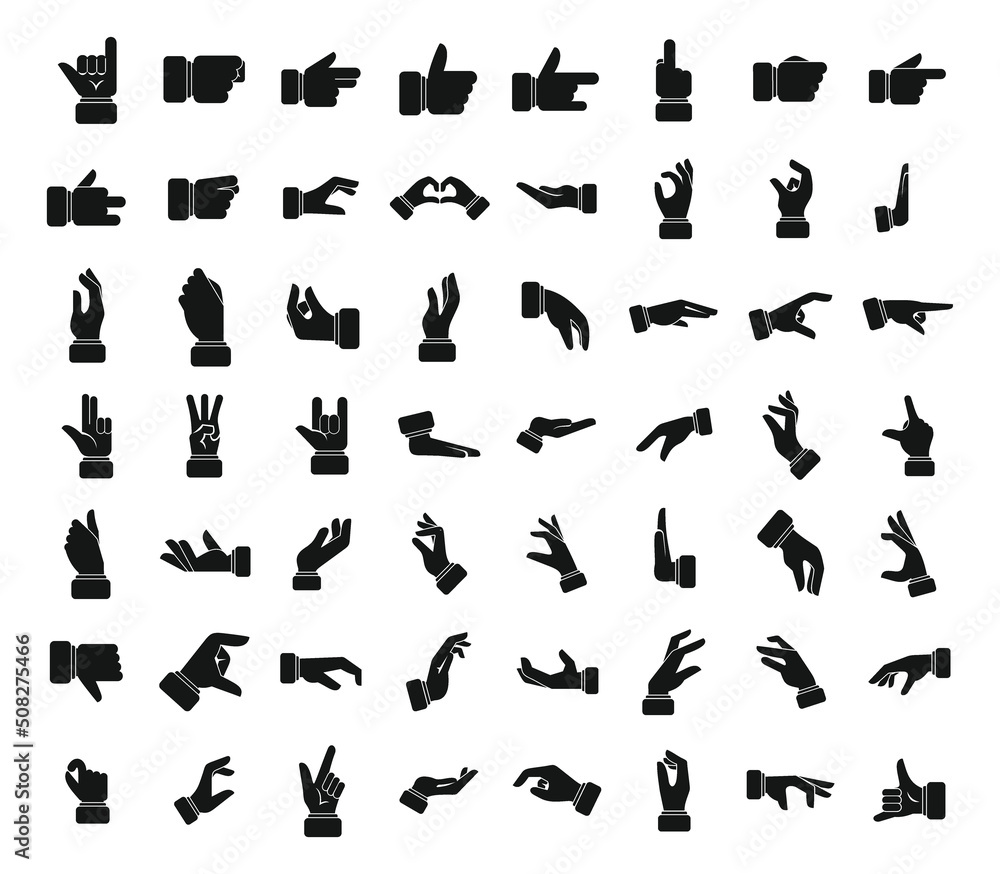 Poster hand gestures icons set simple vector. shake finger