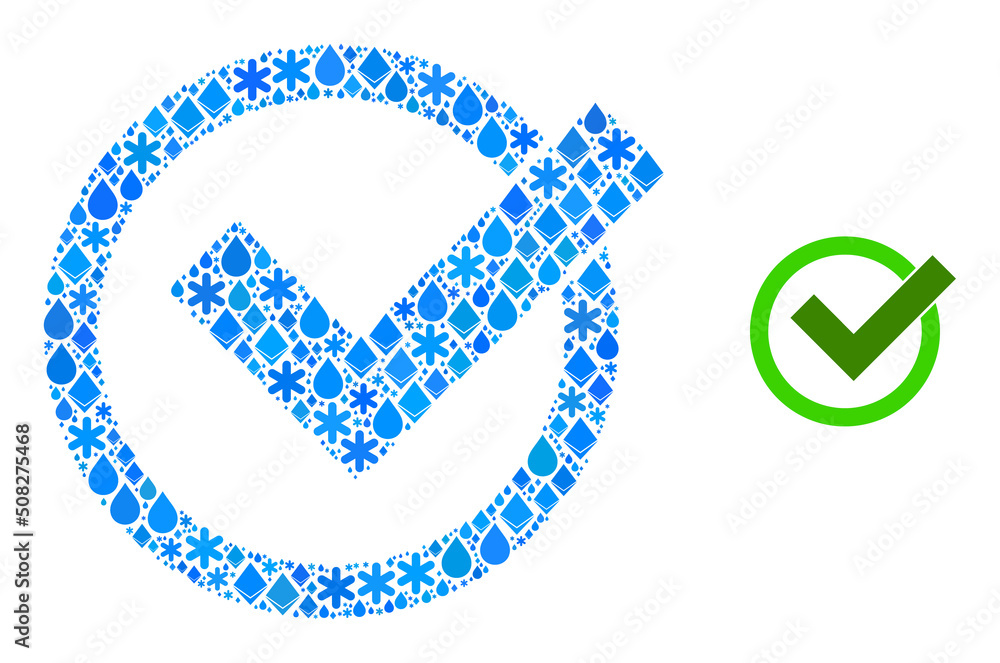 Poster vector frost blue water mosaic accept icon. accept mosaic is formed with ice items, liquid drops, sn