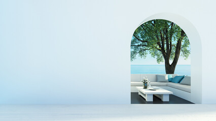 Sea view Beach luxury living - Santorini island style - 3D rendering - obrazy, fototapety, plakaty