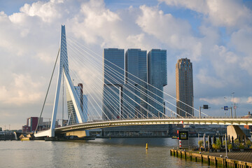 Fototapeta na wymiar Erasmus Bridge in Rotterdam over Nieuwe Maas river during a beautiful morning sunrise. Architecture landmark of the Netherlands, Holland.