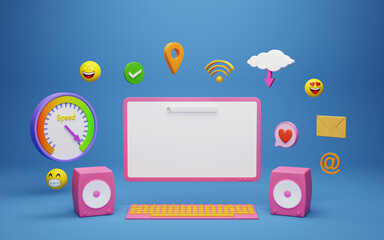 Computer connected to the internet and surrounded by symbols. Wifi test with high speed. Icons representing web connectivity. 