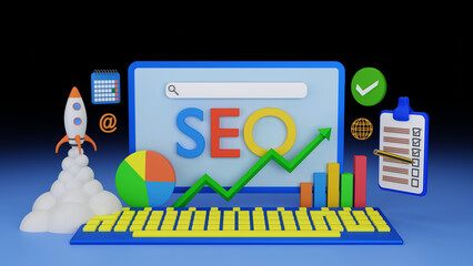 Seo, search engine optimization analysis. Desktop computer with elements related to internet and web positioning analytics. Calendar, growth charts, a to-do list and a rocket taking off.  - obrazy, fototapety, plakaty
