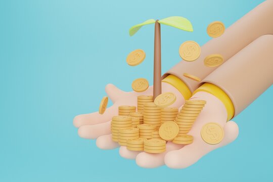 Hand holding coin stack with tree for business investment, finance strategy and money management concept,money-saving, cashless society concept. 3d render illustration